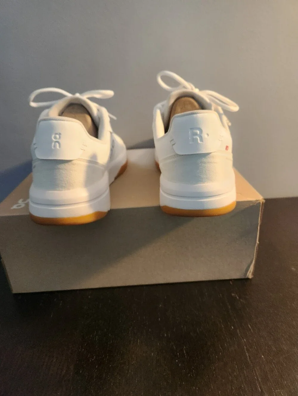 On Running Roger Clubhouse White Low-Top Sneakers with Gum Outsole. QC. Run Big